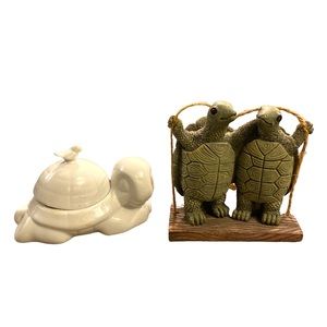 Vintage Turtle Figurines Includes White Ceramic Trinket Box Two Turtles on Swing